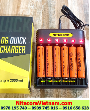 Nitecore Q6 (Bộ sạc 06 Khe Sạc kèm sẳn 06 pin SẠC 18650 WASING 2800mAh đầu lồi  lithium 3.7v) chính hãng